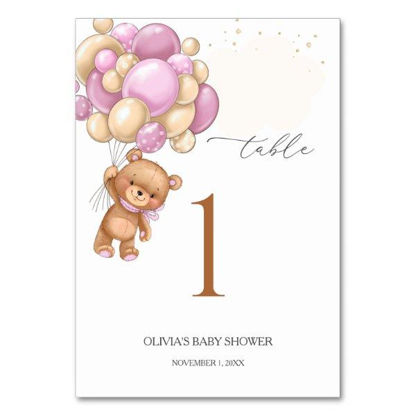 Teddy Bear Pink Balloons Baby Shower Table Number