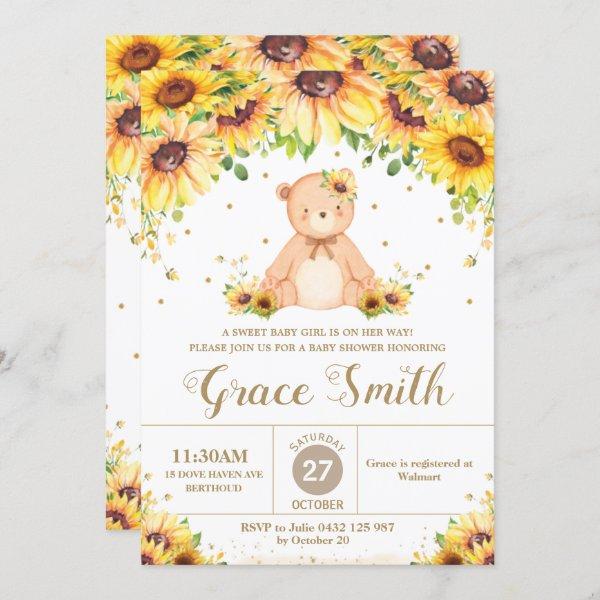 Teddy Bear Sunflower Floral Baby Shower Girl  Invi