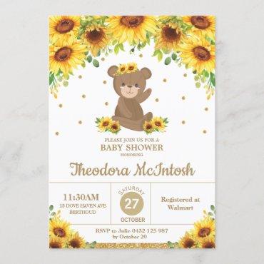 Teddy Bear Sunflower Floral Baby Shower Girl Invitation
