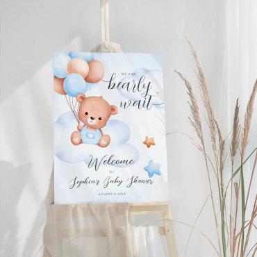 Teddy Bear Watercolor Boy Baby Shower Welcome Sign