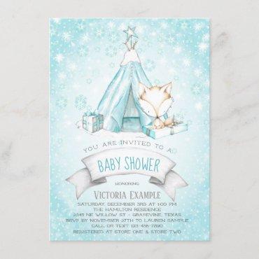 Teepee Fox Winter Snowflake Baby Shower Invitation