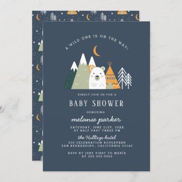 Teepee & Mountains Wild One Bear Baby Shower Invitation