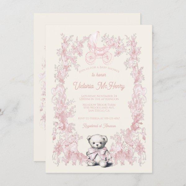 Toile Pink Floral Teddy Bear Carriage