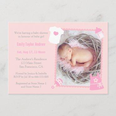 Toys and Bottle Photo Baby Girl Shower Invitations