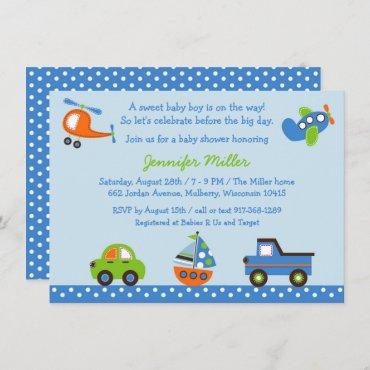 Transportation Baby Shower Car Truck Airplane Invitation
