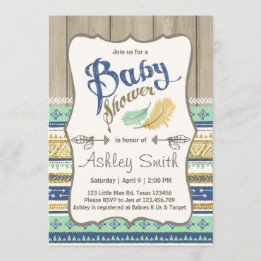 Tribal Baby Shower Rustic Baby Shower Blue Gold Invitation