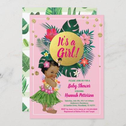 Tropical baby girl couples shower pink gold invitation