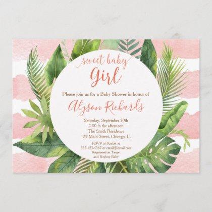 Tropical baby shower girl, greenery palms invitation