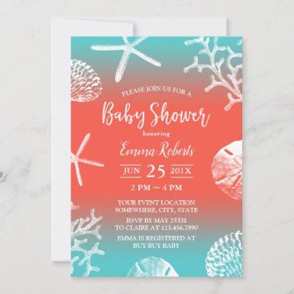 Tropical Beach Coral Reef Teal & Red Baby Shower Invitation