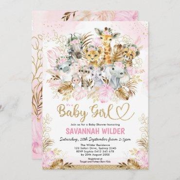 Tropical Boho Safari Baby Girl Blush Gold Shower Invitation
