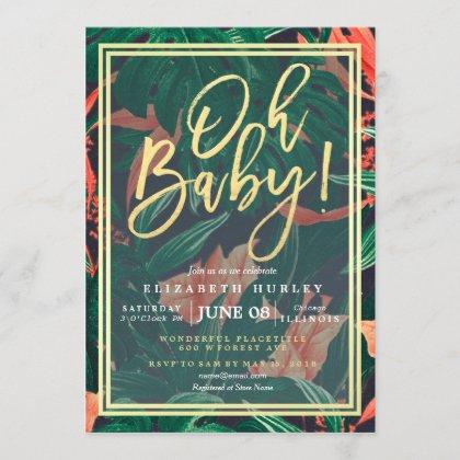Tropical Floral Gold Frame Hawaiian Baby Shower Invitation