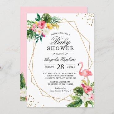Tropical Floral Gold Glitters Flamingo Baby Shower Invitation