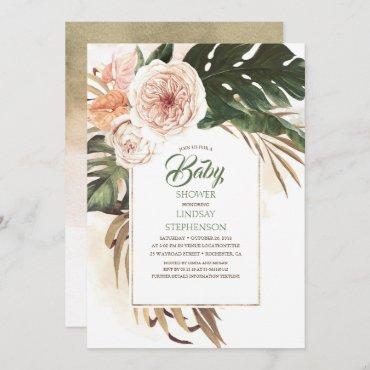 Tropical Flowers and Dried Palm Leaf Baby Shower Invitation