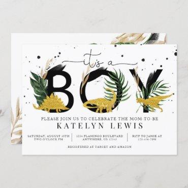 Tropical Gold Dinosaurs Baby Shower Invitation