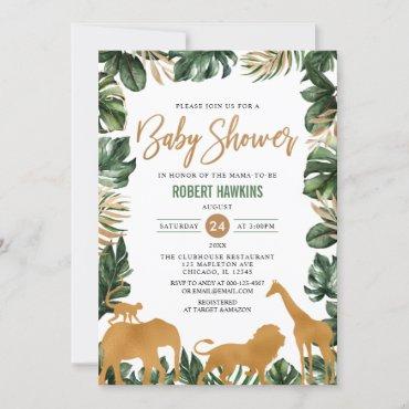 Tropical  Gold Safari Animals Jungle Baby Shower Invitation