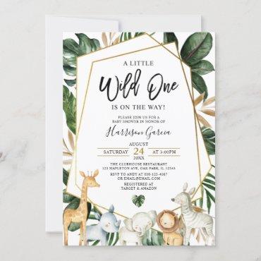 Tropical Gold Wild One Jungle Animals Baby Shower Invitation