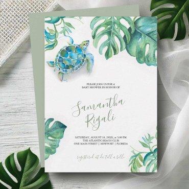 Tropical Green Leaves Sea Turtle Baby Shower