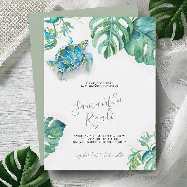 Tropical Green Leaves Sea Turtle Baby Shower