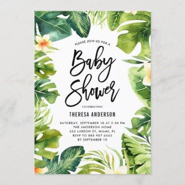 Tropical Greenery and Plumeria Baby Shower Invitation