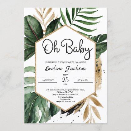 Tropical Leaves Oh Baby Shower Invitation Greenery