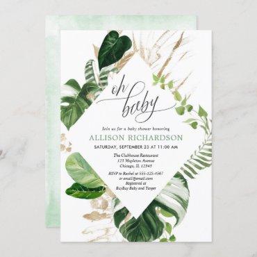 Tropical palm leaves greenery gold baby shower invitation