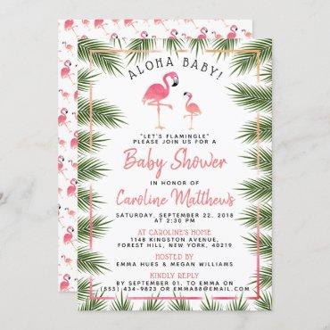 Tropical Palms Watercolor Flamingo Baby Shower Invitation