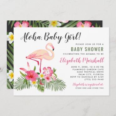 Tropical Pink Flamingo Aloha Baby Girl Shower Invitation