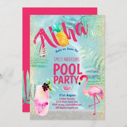 Tropical POOL PARTY Flamingo  Pineapple Aloha Luau Invitation