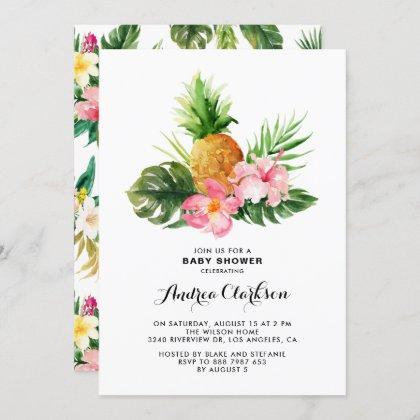 Tropical Watercolor Pineapple Floral Baby Shower Invitation