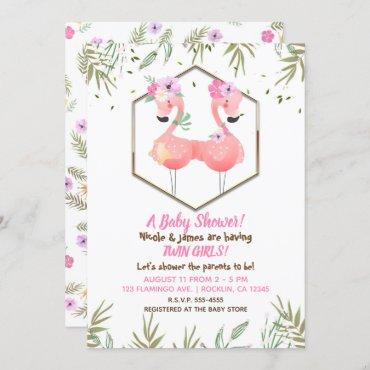 Tropical Watercolor Two Pink Flamingos Baby Shower Invitation