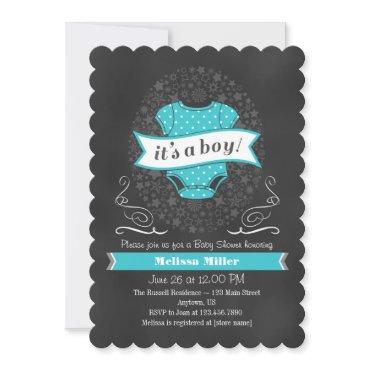 Turquoise Chalkboard Boy Baby Shower Invite