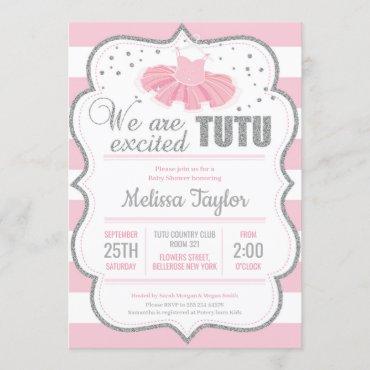 Tutu balerrina silver pink classic baby shower invitation
