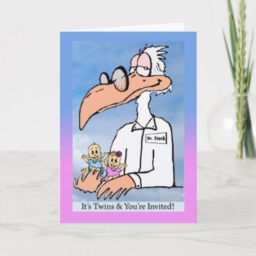 Twin Baby Girl and Boy Shower Invite, Dr. Stork