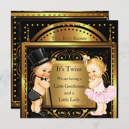 Twin Baby Shower Boy and Girl Gold Blonde Invitation