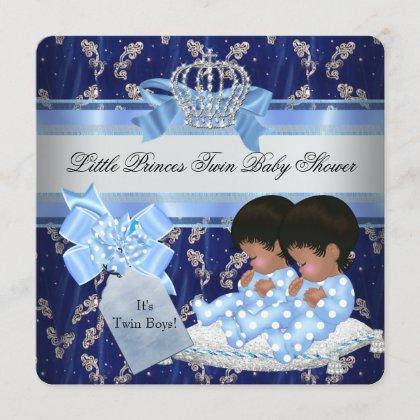 Twin Baby Shower Boys Blue Little Prince Crown Invitation