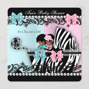Twin Baby Shower Cute Girl Pink Boy Blue Zebra 4 Invitation