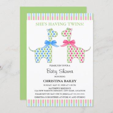 Twin Boy and Girl Giraffe Baby Shower Invitation