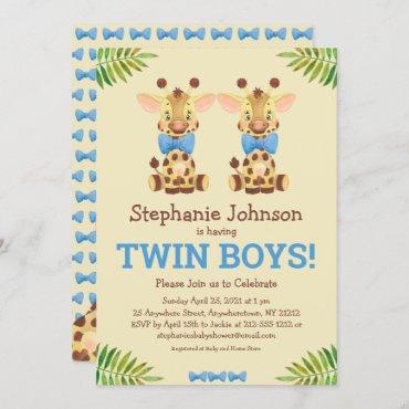 Twin Boys Safari Giraffe Cute Baby Shower Invitation