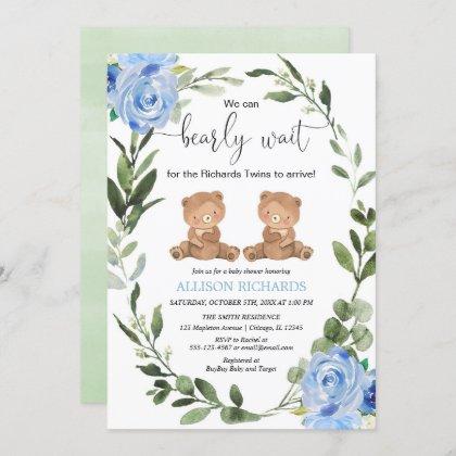 Twin boys teddy bear green blue floral baby shower invitation