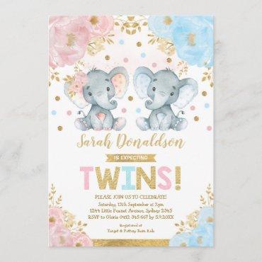 Twin Elephant Baby Shower Boy & Girl Twins Invitation