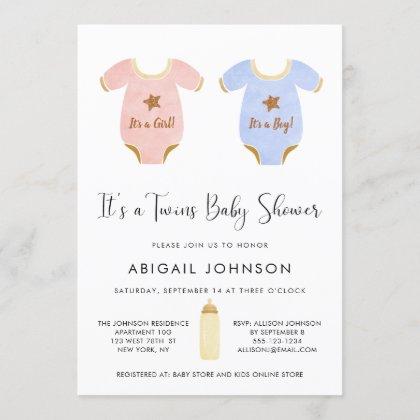 Twin Girl and Boy Watercolor Retro Baby Shower Invitation