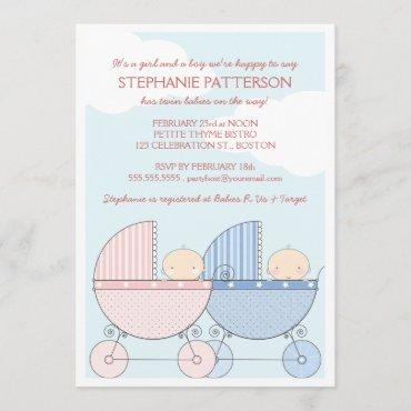 Twin Girl & Boy Carriage Happy Baby Shower Invitation