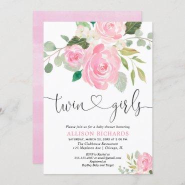 Twin girls baby shower blush pink green floral invitation