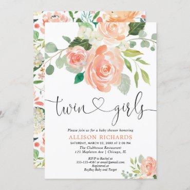 Twin girls baby shower floral watercolors invitation