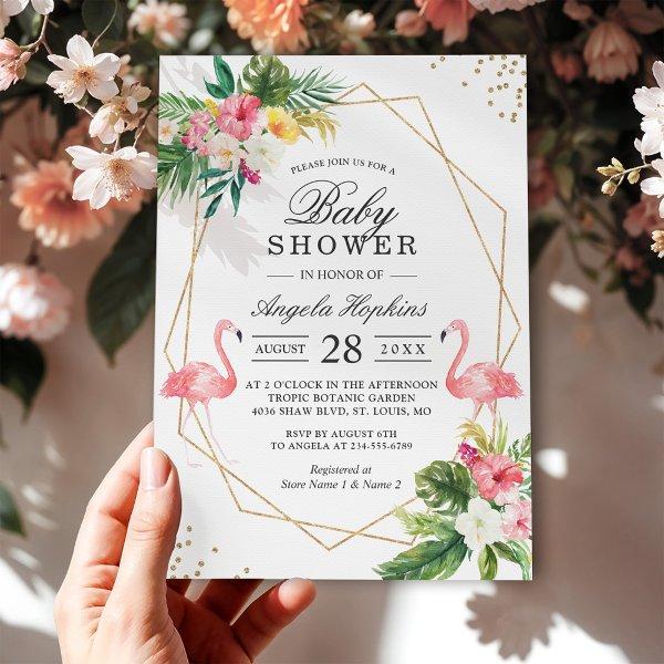 Twin Girls Baby Shower Tropical Floral Flamingos