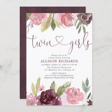 Twin girls Blush burgundy girl baby shower floral Invitation
