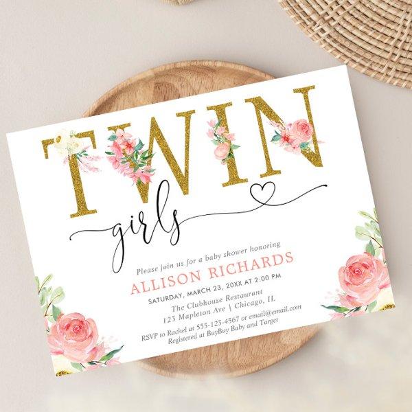 Twin girls blush pink gold floral