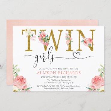 Twin girls blush pink gold floral baby shower invitation