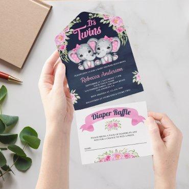 Twin Girls Pink Floral Elephant Navy Baby Shower All In One