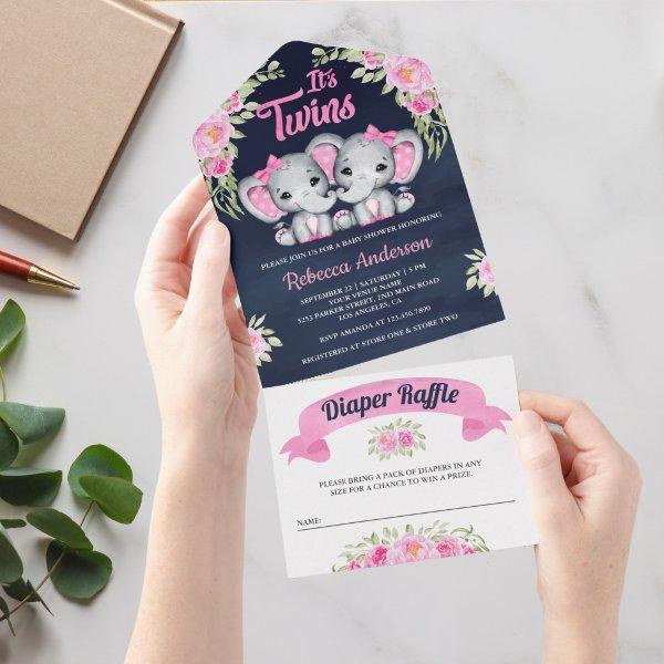 Twin Girls Pink Floral Elephant Navy Baby Shower All In One